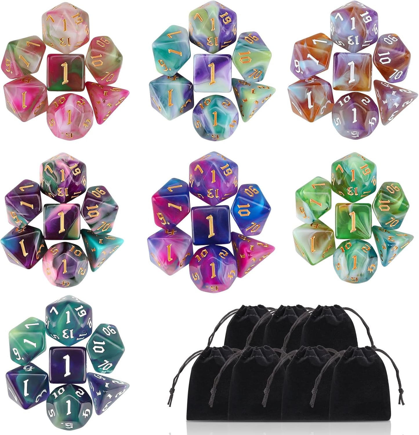 DND Dice Set, Surhugvy 7 X 7 (49 Pieces) Polyhedral Dice Set for Dungeons and Dragons DND RPG MTG Table Games Gift with 7 Pack Black Bags