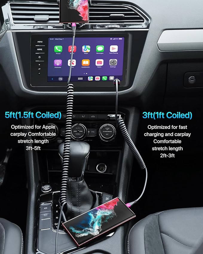 USB A to USB C Cable for Car, 2Pack 3FT Coiled USB C Cable Fast Charging, USB Type C Charging Cord Compatible with iPhone 17/16/15 Pro Max/Samsung Galaxy S20 S10 and More USB C Devices-Rose Red