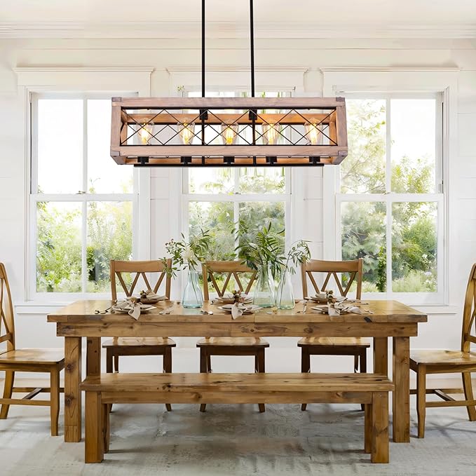 Rectangle Wood Chandelier Farmhouse Style Kitchen Pendant Lighting Over Island 5 Light 31 Inch Dining Room Light Fixture Adjustable Height Pendant Light for Dining Room Bar Pool Table.