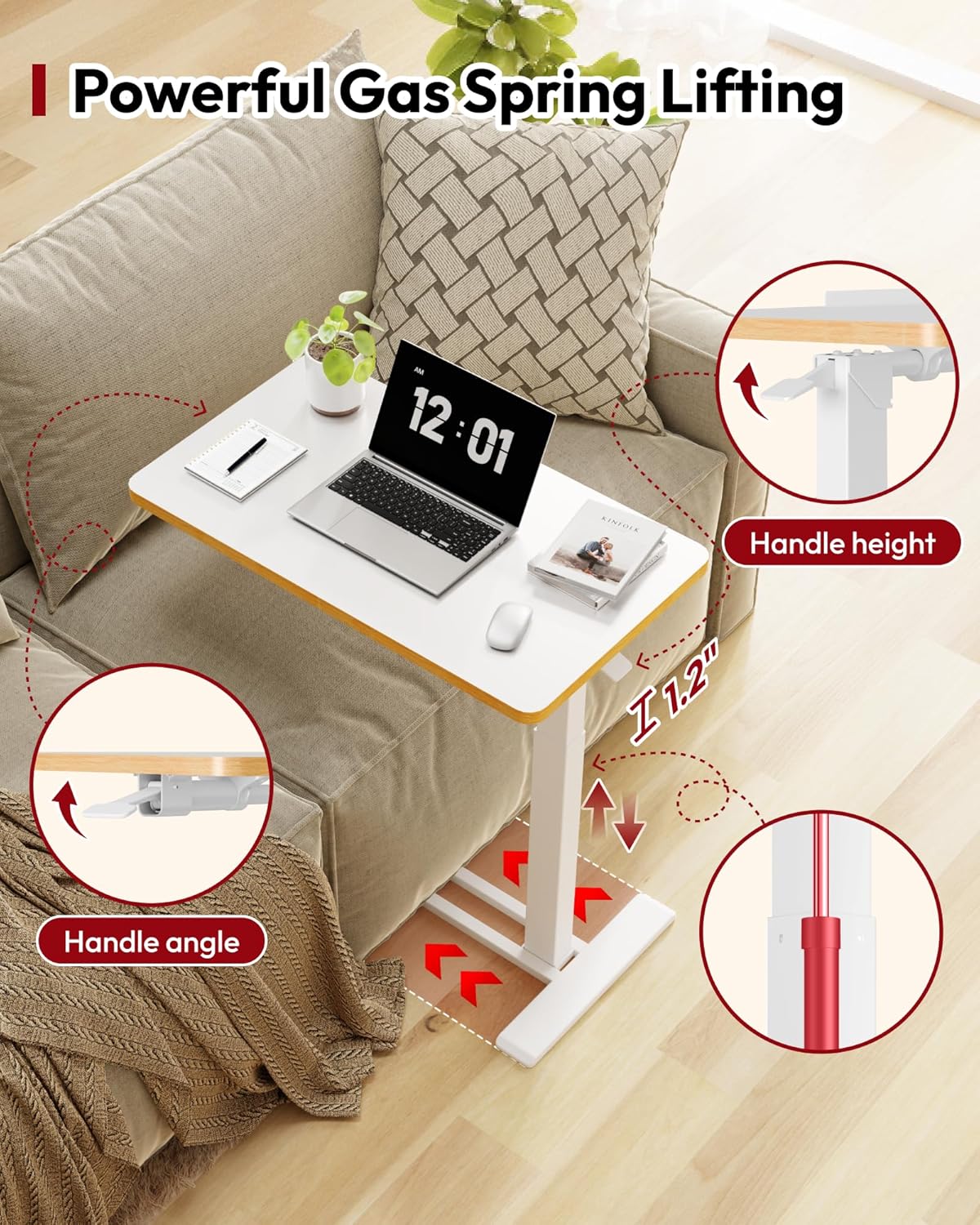 SANODESK Medical Adjustable Overbed Bedside Table with Casters 90° Tilt Top Pneumatic Mobile Rolling Laptop Computer Standing Desk Cart with Tray, Hospital and Home Use(27.6" W x 15.7" D, White)