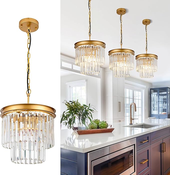 3-Pack Crystal Pendant Lights 11.8" Modern Crystal Chandelier 3-Light 2-Tier Luxury Gold Round Hanging Lighting Fixture for Dinning Room Bedroom Living Room Foyer Kitchen Island