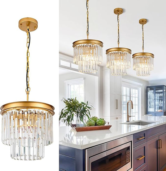 3-Pack Crystal Pendant Lights 11.8" Modern Crystal Chandelier 3-Light 2-Tier Luxury Gold Round Hanging Lighting Fixture for Dinning Room Bedroom Living Room Foyer Kitchen Island