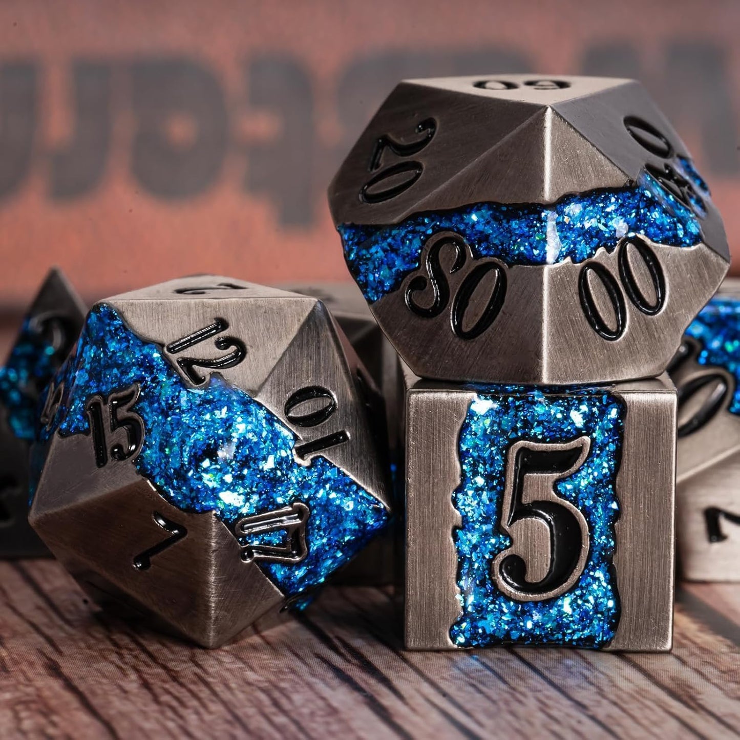 Metal DND Polyhedral Dice,Large Stripe Glitter Metallic Dice Set,Antique Silver Dice 7pcs Set for Role Playing Games