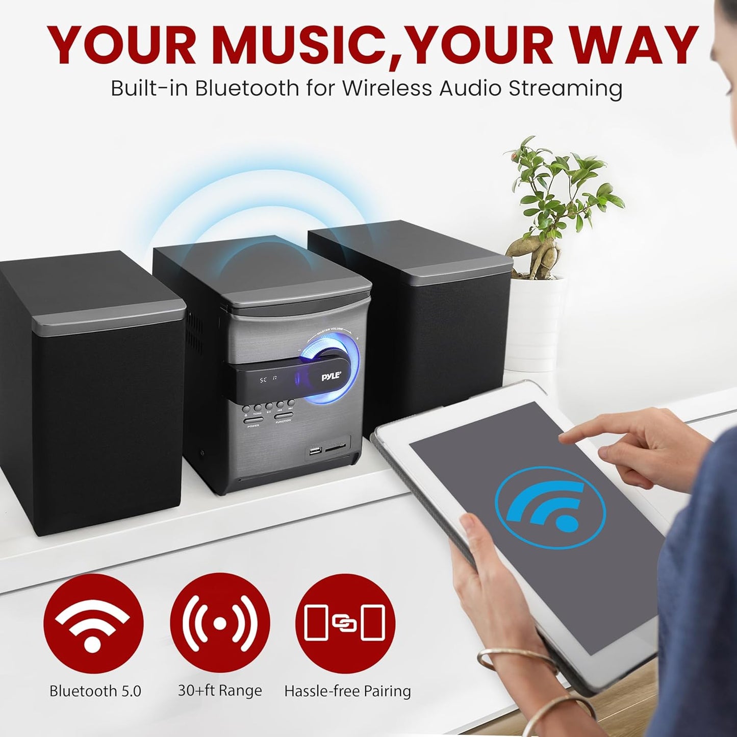 Pyle Home Stereo Shelf System - 30W Wireless BT Streaming with CD Player, FM Radio, USB & SD Card Playback, 2-Way Music Crisp-Sound, Remote Control, Dual Stereo Speakers (Black), PHSKR24