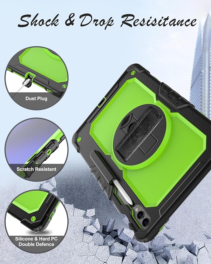 Case for Samsung Galaxy Tab S10 Plus/ S9 FE Plus/ S9 Plus 5G Tablet 12.4'', Shockproof Protective Cover with [Tempered Glass Screen Protector], Stand, Shoulder Strap & S Pen Holder (Green)