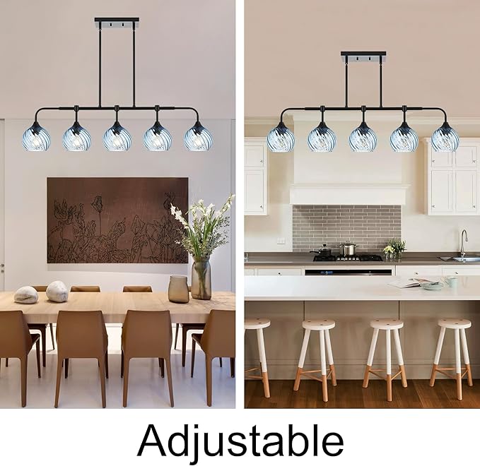 MELUCEE 5-Light Kitchen Island Lighting Linear Dining Room Light Fixtures Ceiling Hanging with Blue Striped Swirl Glass Shade, Modern Black Chandelier for Dining Room Kitchen Island Bar, E26 Base
