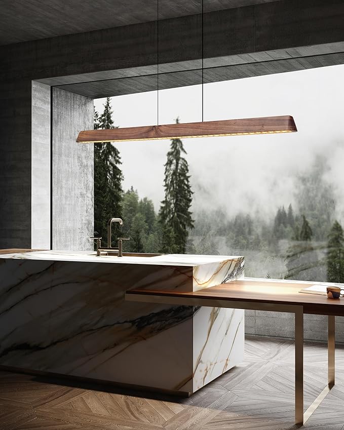 45" Wood Linear Pendant Light, Dimmable Kitchen Island Lighting with Remote, 30W LED Island Lights for Kitchen, Adjustable Linear Chandelier for Dinning Room Light Fixture, Bar, Pool Table - Walnut