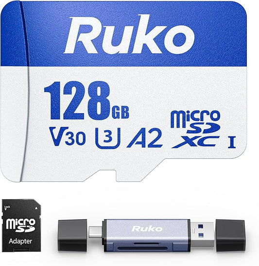 Ruko 128G Micro SD Card with Reader & Adapter, Memory Card Speed Up to 100MB/s, UHS-I, C10, A2, U3/V30, 4K UHD, Long-Lasting TF Card for Camera, Smartphone, Drone, Gaming Console