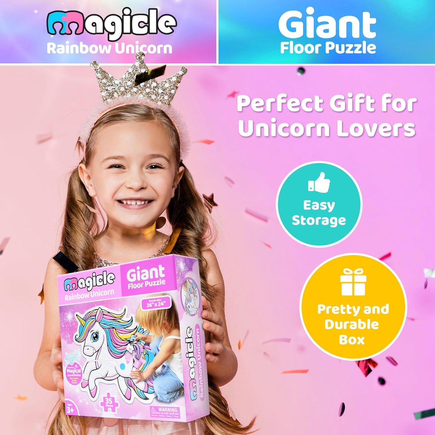 Rainbow Unicorn Giant Floor Puzzle with Sounds, 35 Piece Extra Thick Puzzles, Unicorn Toys for Girls Age 4-6, Floor Puzzles for Kids Ages 3-5 and 6 Year Old Gifts