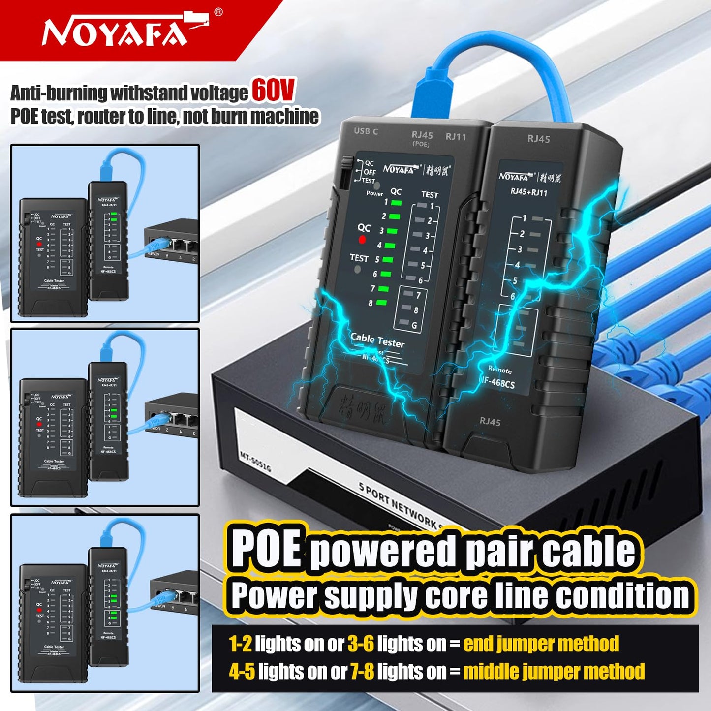 NOYAFA Network Cable Tester for RJ45, RJ11, RJ12 /Cat5, Cat5e, Cat6, Cat6a, Cat7, Phone Line Cat3, Ethernet Tester, LAN Cable Test Tool (Black)