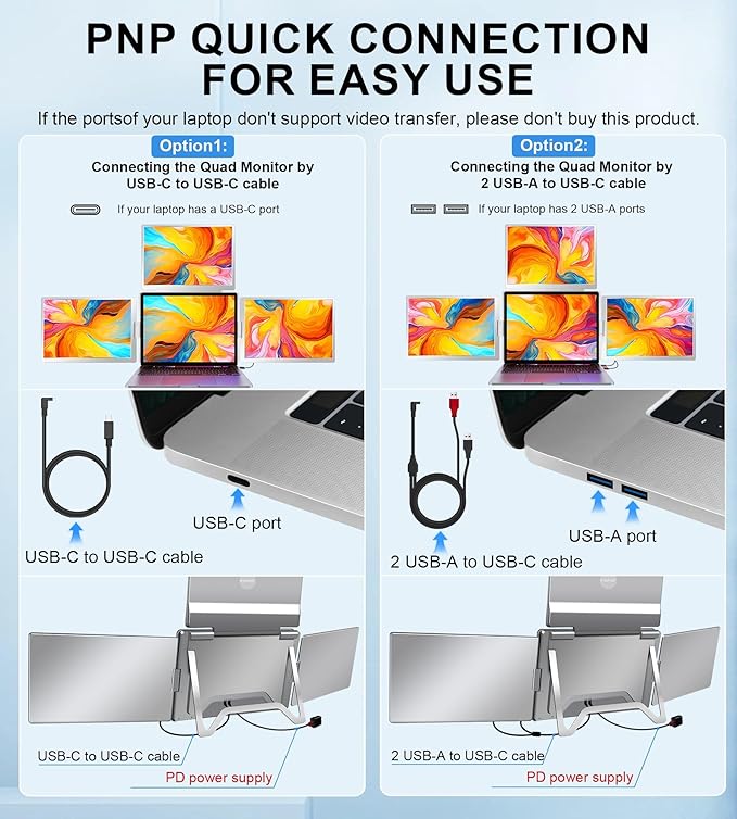 FOPO 16" Laptop Screen Extender Monitor Portable, Quad Monitor, Just 1 Cable for 3 Screens, FHD 1080P IPS Laptop Extender Compatible with Wins/Mac for 13.6" - 18.5" Laptops