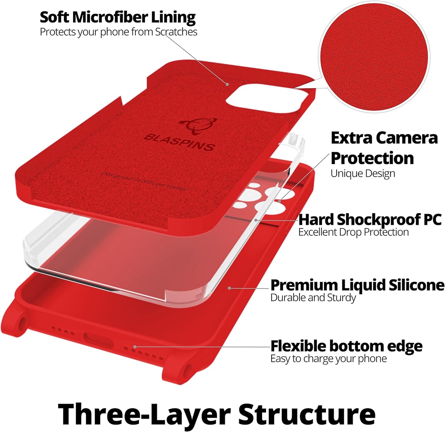 Blaspins Crossbody Lanyard Strap Case for iPhone 13 Mini, Neck Cross Body, Adjustable Holder Removable, Drop Protection Shockproof, Hands-Free Silicone Case 5.4 inch, 150 cm Strap, iP13mini - Red