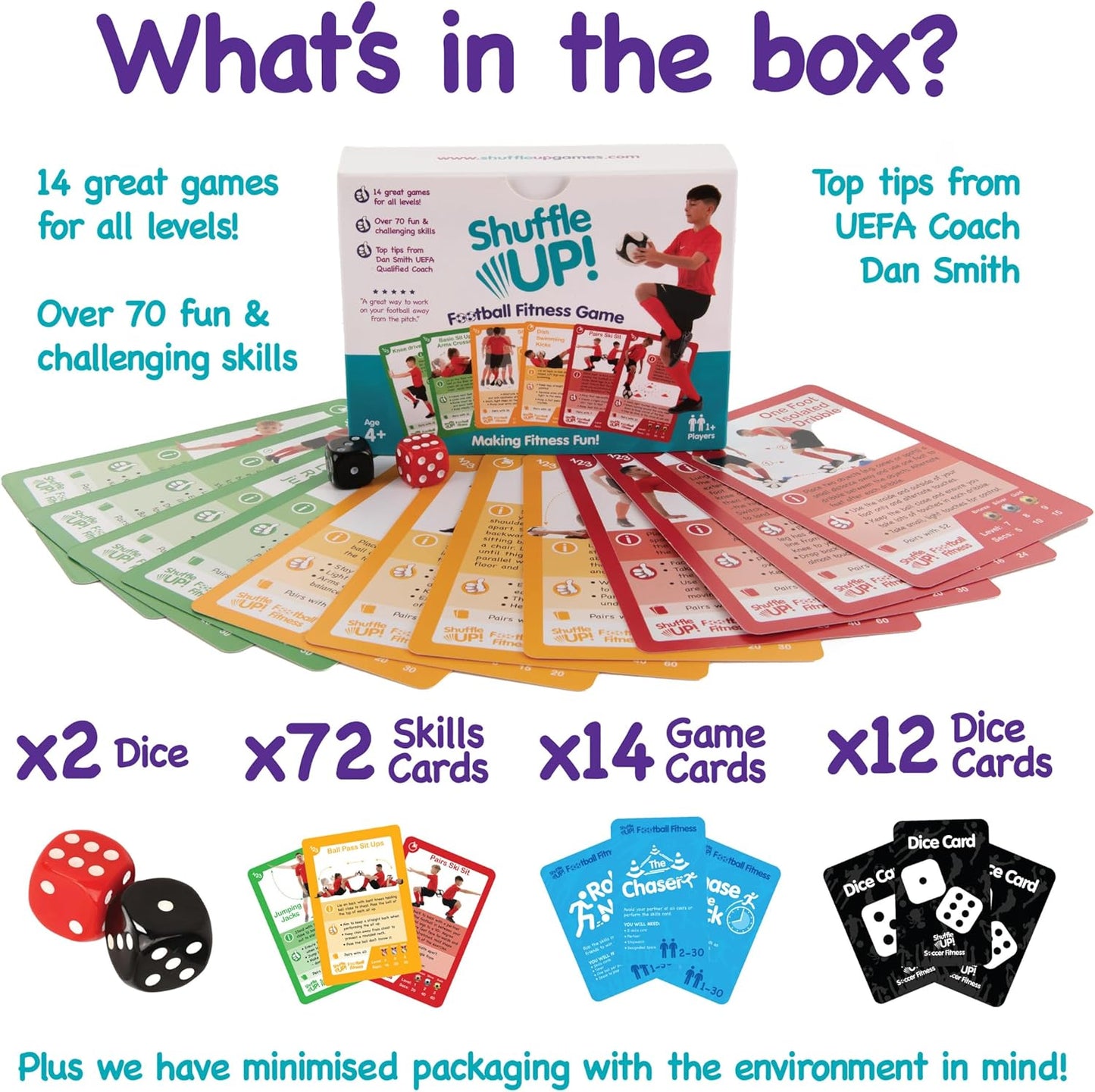 Shuffle Up Soccer Card Games - 70+ Fun & Active Skills Cards for Kids, Fitness Cards Develop Fundamentals, Stamina & Strength, Easy to Play for Kids | Multiple Skills Level Card Include 2 Dices