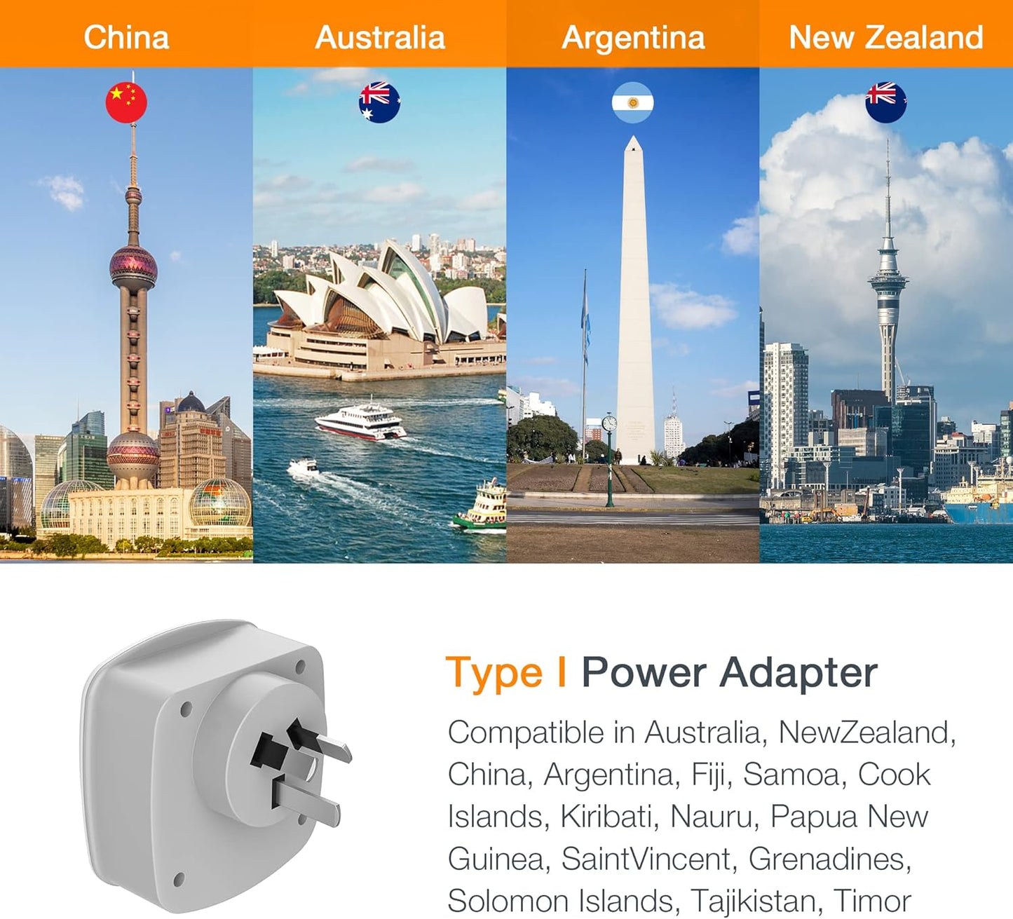 TESSAN New Zealand Australia Plug Adapter, Type I Travel Adaptor with 2 USB Ports 2 American Outlets, US to Australian AU Fiji Argentina China Charger Power Converter