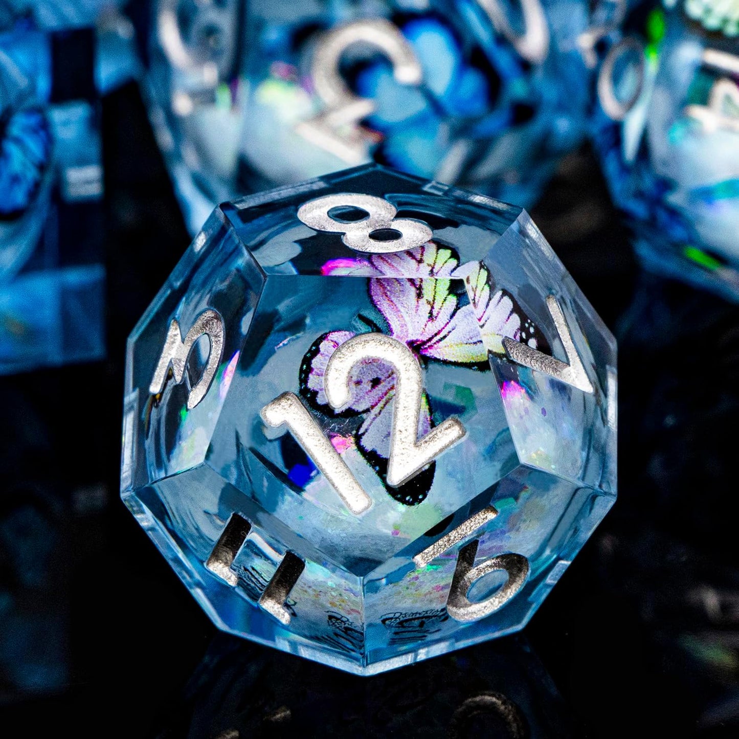 Butterfly DND Dice Colorful Blue Liquid Core Dice Set with Metal Box, Handmade Sharp Edge D and D Polyhedral Dice for use with D&D Role Playing Game, D20 D12 D10 D8 D6 ﻿