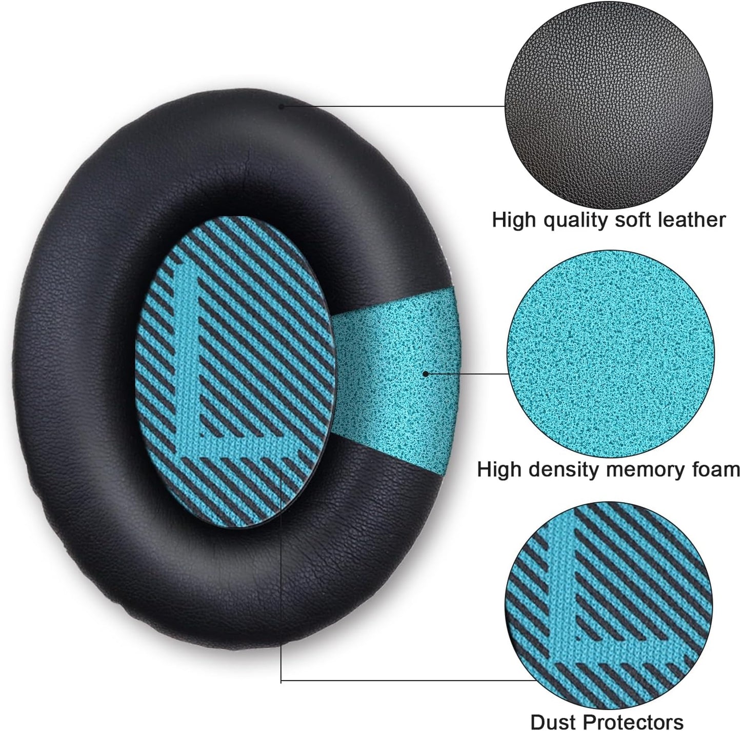 Ear Pads for Bose Quiet Comfort 35 Soft Protein Leather Replacement Earpads Ear Cushions Ear Pad for Bose QC 45/35 / 25/15 QC2 / Ae2 / Ae2i / Ae2W / Sound Link/Sound True (QC25-Black&Blue)