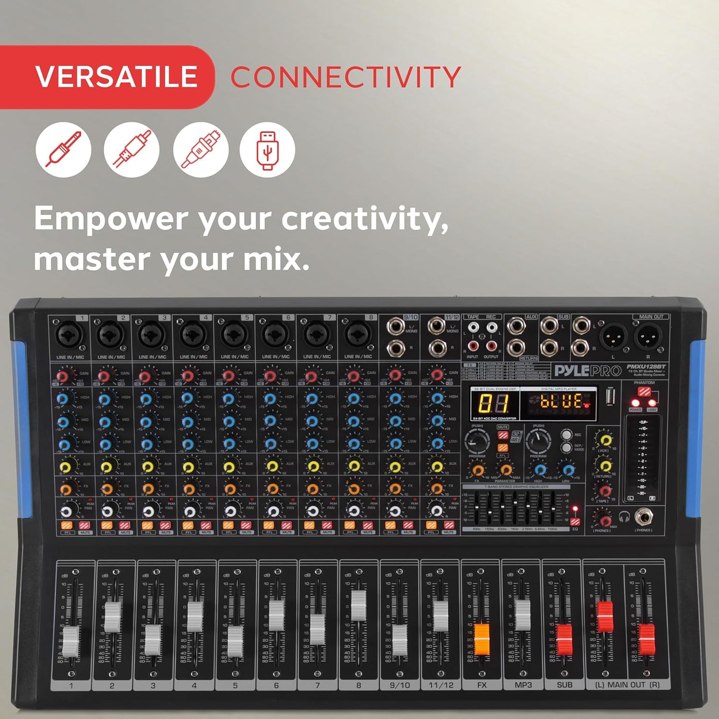 PYLE 12-Channel Bluetooth Studio Audio Mixer - DJ Sound Controller Interface with USB Drive for PC Recording Input, RCA, XLR Microphone Jack, 48V Power, For Professional and Beginners - PMXU128BT