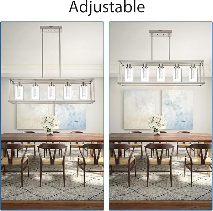 MELUCEE Linear Kitchen Island Lighting Brushed Nickel Led Bubble Crystal Chandeliers for Dining Room, 5 Lights Large Led Pendant Lights with Clear Glass, Built in LED Chips 5-Color Temperature Adjust