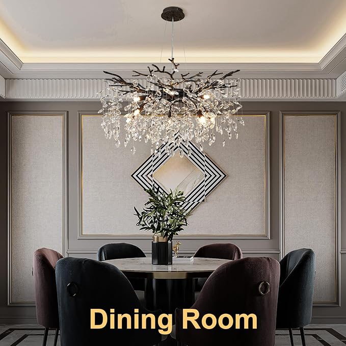 YUYI 30" Black Crystal Chandelier, 10-Light Tree Branch Chandelier for Dining Room, Luxury Round K9 Crystal Raindrop Chandeliers Light Fixture for Living Room Foyer Entryway Bedroom Kitchen