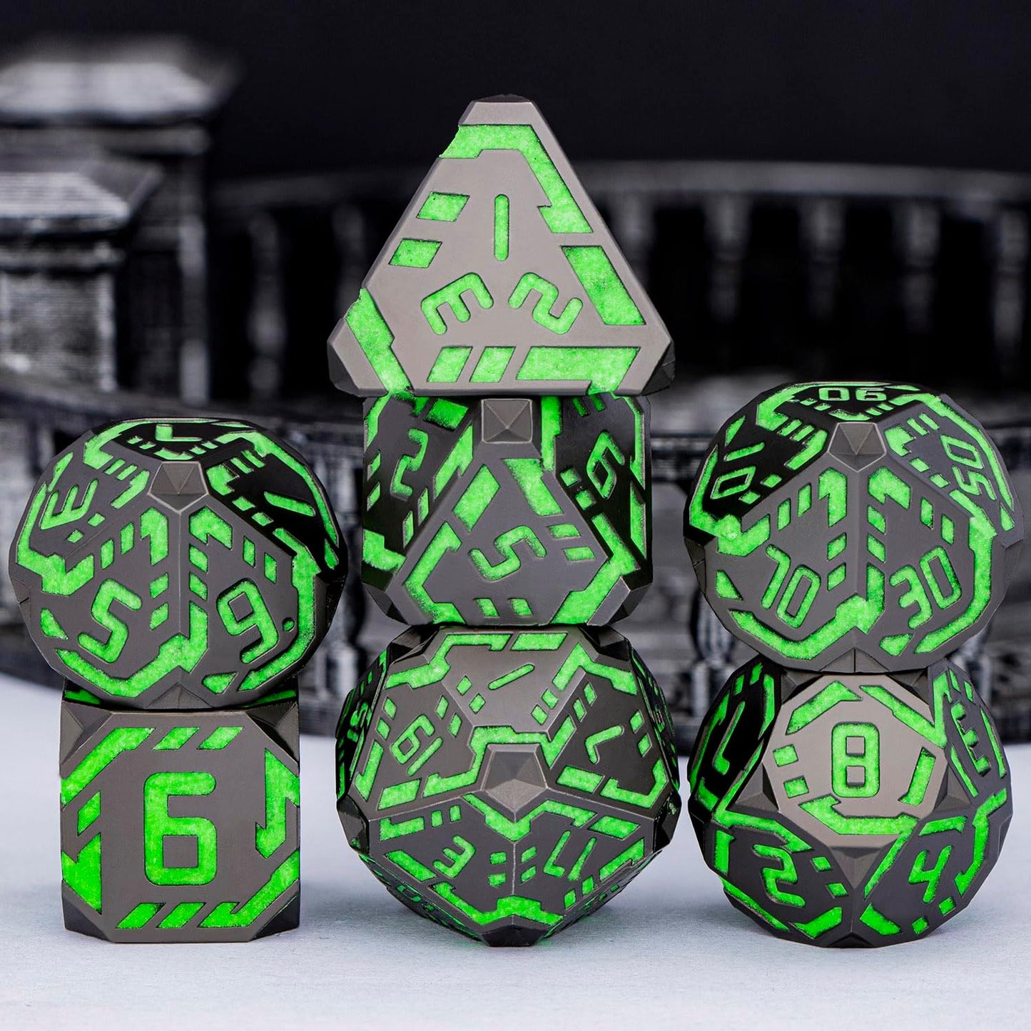 Metal DND Sci-fi Dice Set 7PCS Luminous Green Stripe Polyhedral Dice for Dungeons Dragons RPG Role Playing Game, Glitter D and D Dice with Gift Box D6 D8 D10 D12 D20