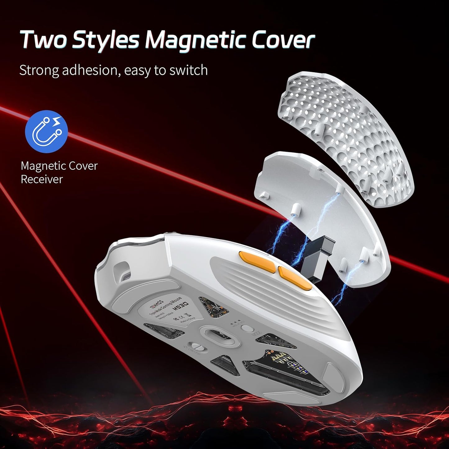 TENMOS M530 Wireless Gaming Mouse, 2.4G/Bluetooth/USB C Wired Rechargeable Mouse, 12000 DPI, RGB, 6 Programmable Buttons, Honeycomb Magnetic Cover, with Receiver Extender for Laptop/PC/Mac, White