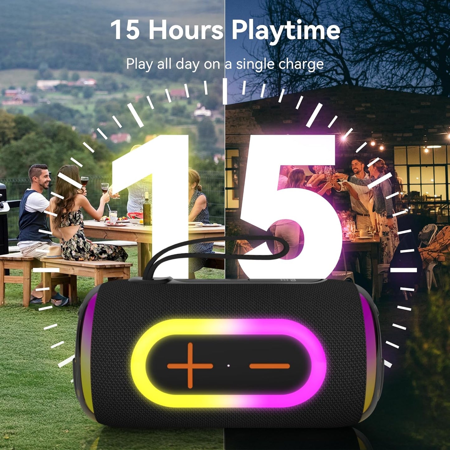 Oraolo Portable Bluetooth Speaker with 24W Loud Stereo Sound, Colorful RGB Lights, TWS Pairing, Bluetooth 5.4, 15H Playtime, Support AUX/TF Card, Wireless Speaker for Outdoor Party Home