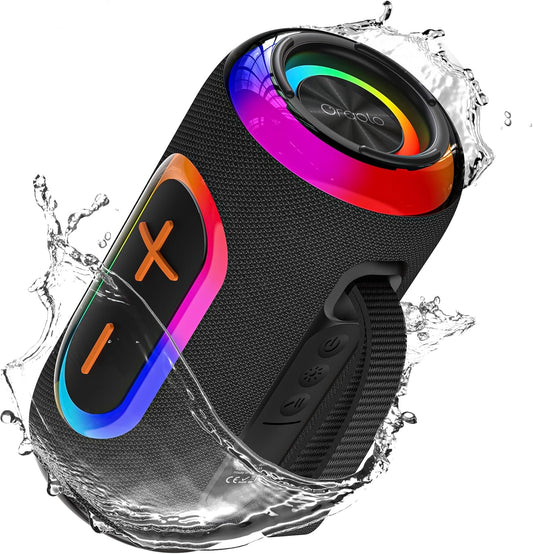 Oraolo Portable Bluetooth Speaker with 24W Loud Stereo Sound, Colorful RGB Lights, TWS Pairing, Bluetooth 5.4, 15H Playtime, Support AUX/TF Card, Wireless Speaker for Outdoor Party Home