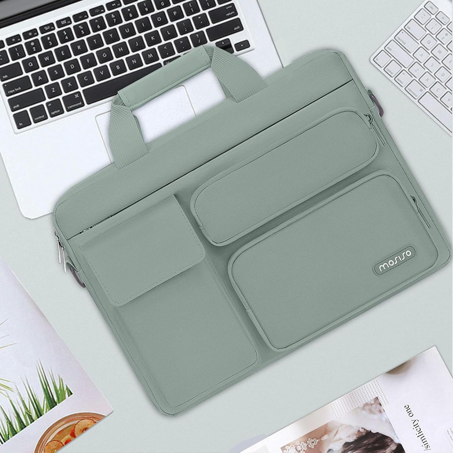 MOSISO Laptop Shoulder Bag, Computer Bag with 2 Raised&1 Flapover&1 Horizontal Pocket&Handle&Belt