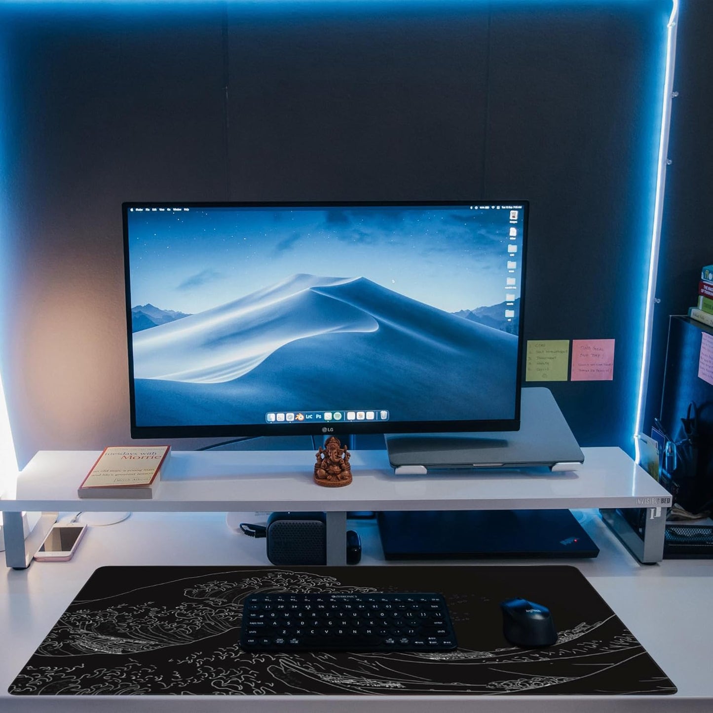 Desk Mat, Black Japanese Sea Wave Desk Pad, Extended Big Computer Keyboard Mouse Pad with Non-Slip Base and Stitched Edge, 35.4"x15.7"