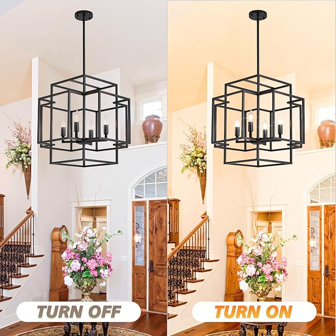 WJShome 16.5" Black Chandelier, 4-Light Farmhouse Foyer Lighting Fixtures, Modern Industrial Ceiling Lantern Pendant Light Large Chandeliers for High Ceilings, for Dining Room, Entryway, Staircase