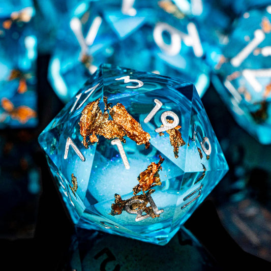 DND Dice Blue Liquid Core Dice Set with Metal Box, Handmade Sharp Edge D and D Polyhedral Dice for use with RPG D&D Role Playing Game