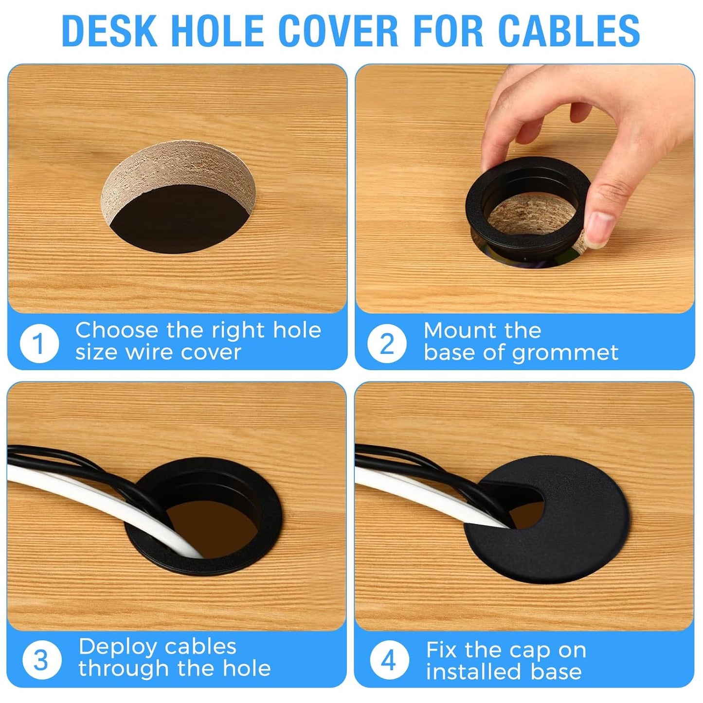 Desk Grommet 1-3/8" (35 mm), Desk Cord Hole Cover, Cable Grommet ABS Plastic, Desk Hole Grommet for Office and Home Table Cable, Detachable Cable Cord Organizer (Black 8 Pcs)
