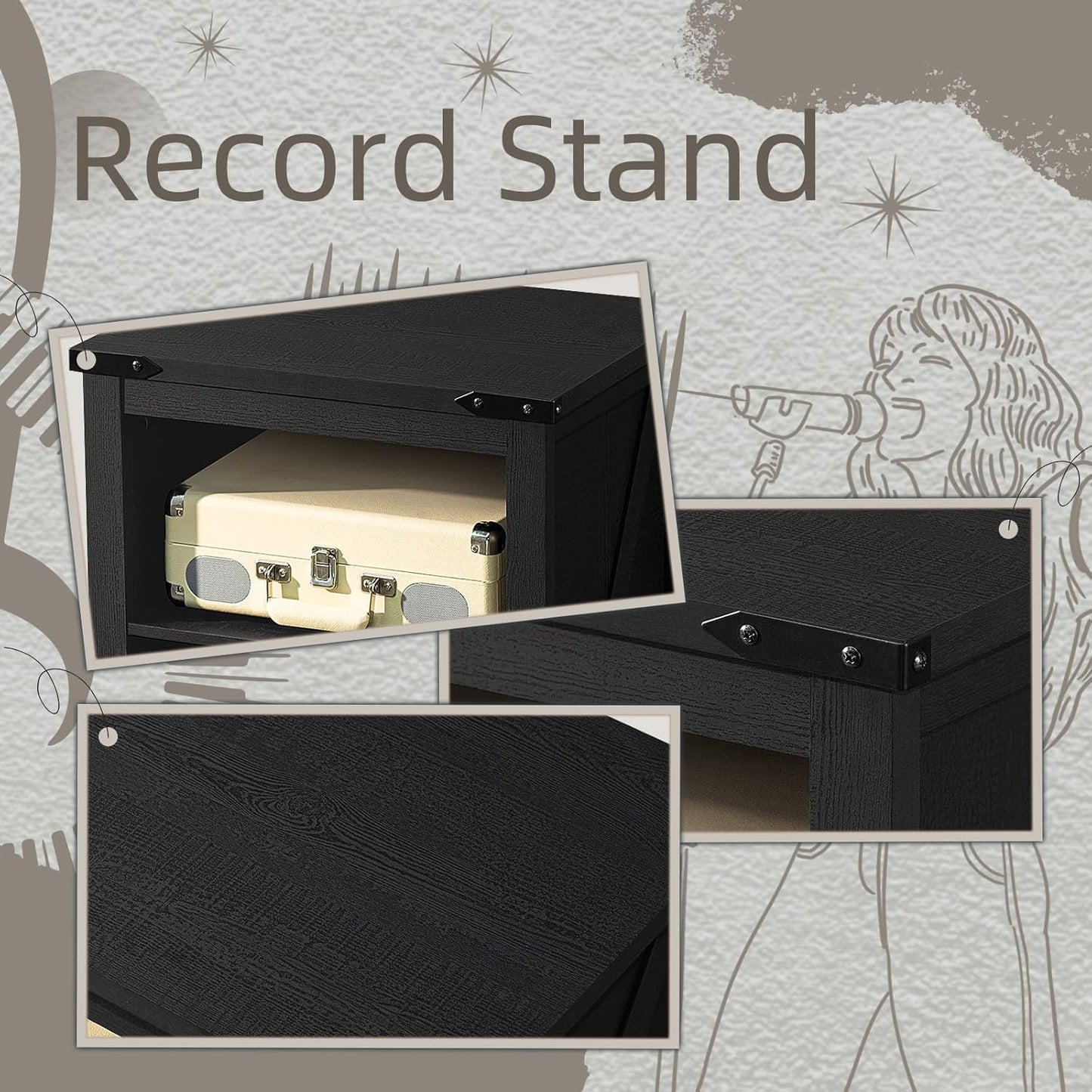 Record Player Stand with Vinyl Record Storage - Holds up to 160 Albums, Large Wooden Turntable Table, Black Cabinet Display Shelf for Living Room, Bedroom, Office