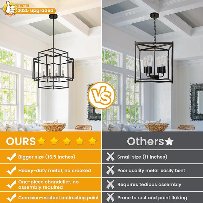 16.5" Farmhouse Chandelier, 4-Light Industrial Ceiling Pendant Light Fixture, Modern Foyer Lighting Fixtures, Dining Room Light Fixtures Over Table, Black and Silver Pendant Lights for Kitchen Island