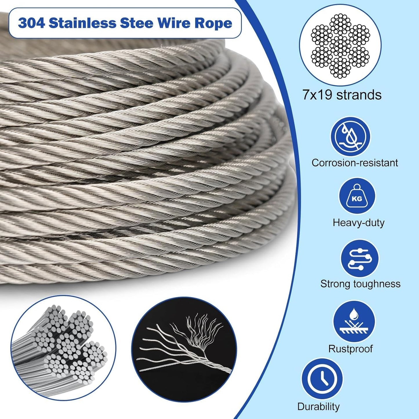 TooTaci 3/16" Stainless Steel Cable, 50ft Wire Rope with Aluminum Crimping Sleeve&Thimbles, 7x19 Strands, 3700lbs Breaking Strength Heavy Duty Aircraft Cable for Zipline, Deck Railing, Shade Sail