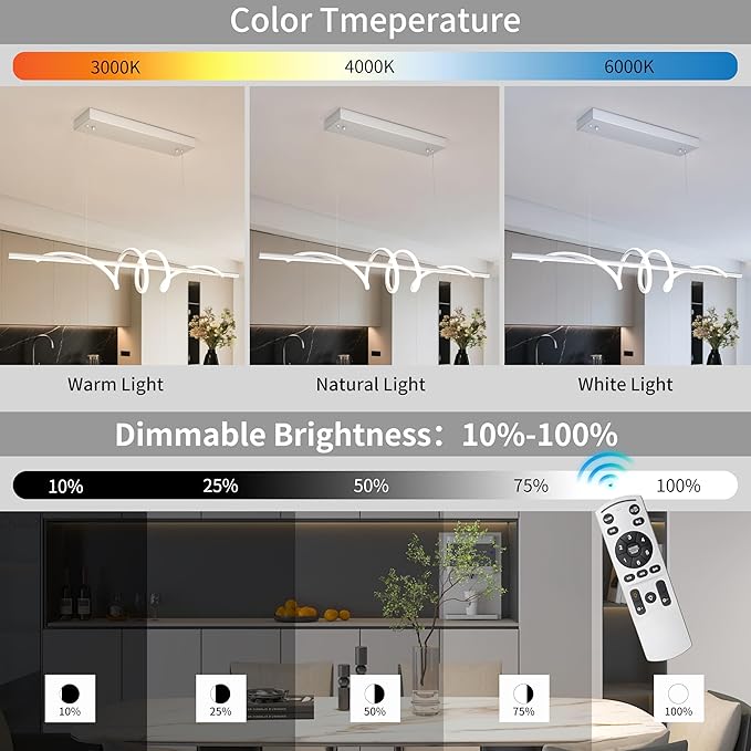 Modern LED Pendant Light, 39.37in Silver Chandelier Dimmable,3000K-6000K Adjustable Color Temperature, Aluminum Modern Kitchen Light Fixture for Dining Room
