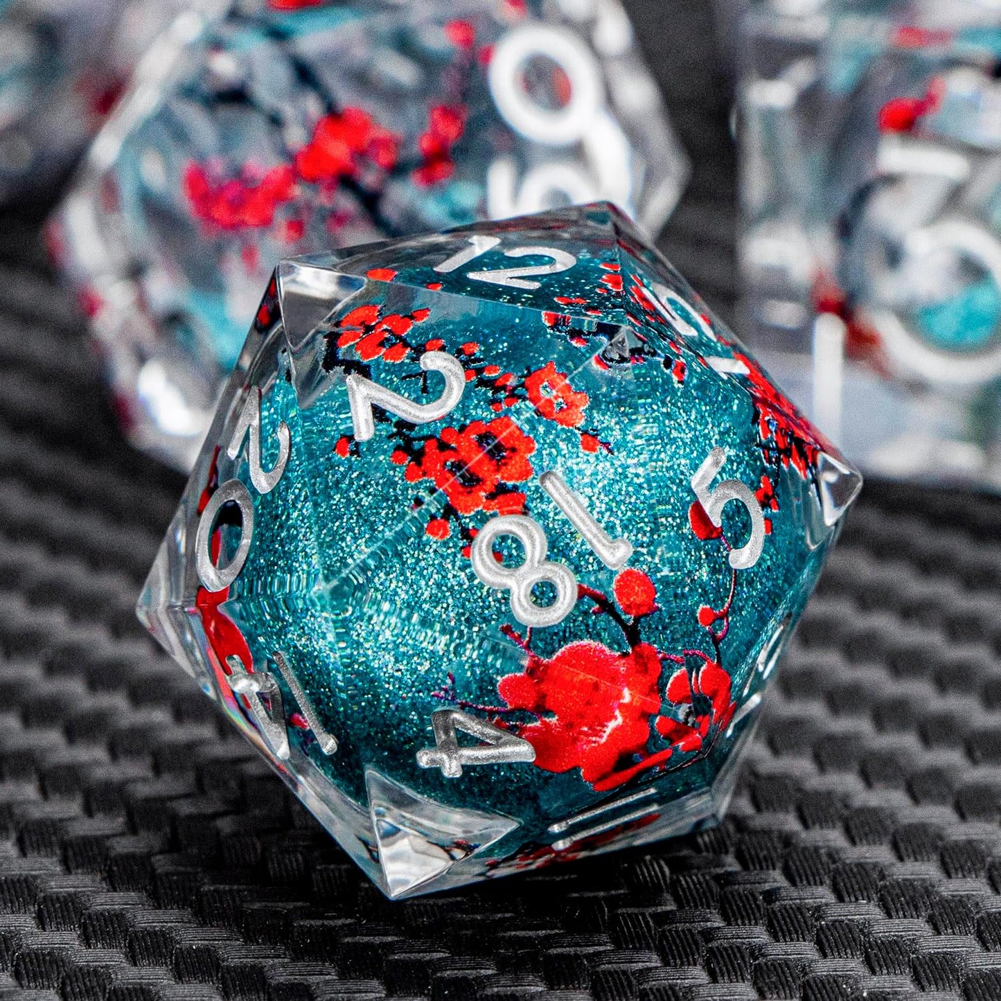 ARUOHHA DND Resin Dice Plum Blossom Liquid Core Dice Silver Blue Sharp Edged Dragons Polyhedral Dice Set with Gift Box, Role Playing Game Dungeons D and D Dice Set D20 D12 D10 D6 D4