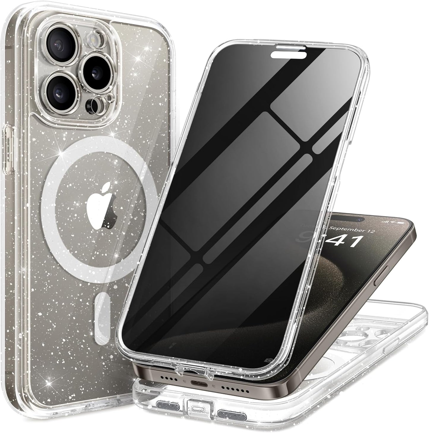 Magnetic for iPhone 15 Pro Max Case, Compatible with MagSafe, Built-in Privacy Screen Protector and Camera Protection, Anti Spy Full Body Dustproof Shockproof Hard Phone Case 6.7", Shiny Clear