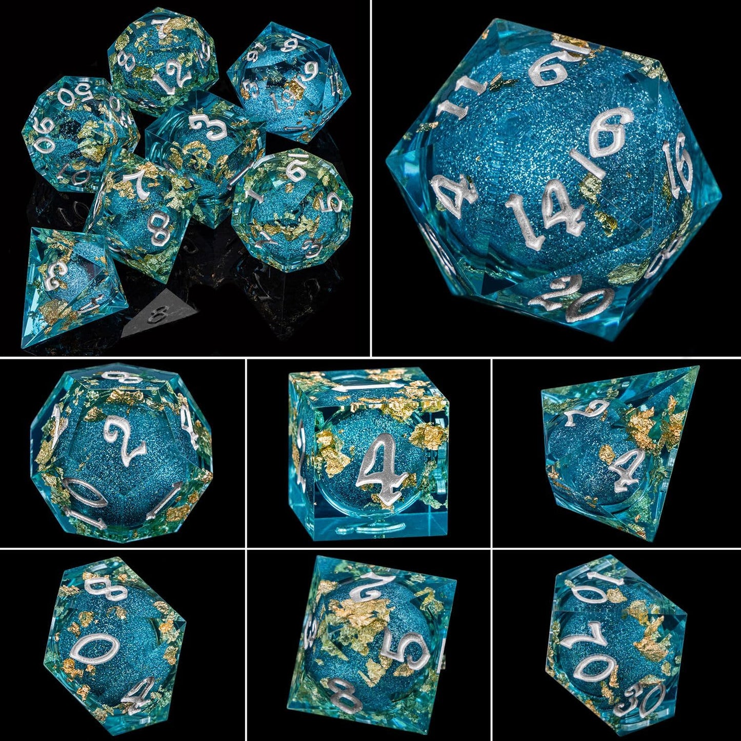 ARUOHHA Liquid Core DND Dice Set, 7pcs Resin Sharp Edged Dragons Dice RPG Role Playing Games, Silver Numbers Blue Dungeons Polyhedral Dice with Gift Box D20 D12 D10 D8 D6 D4