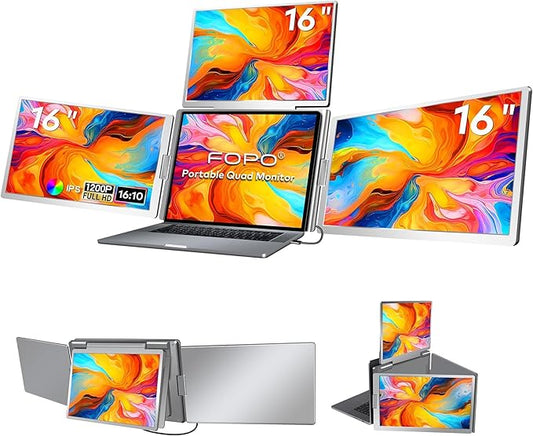 FOPO 16" Laptop Screen Extender Monitor Portable, Quad Monitor, Just 1 Cable for 3 Screens, FHD 1080P IPS Laptop Extender Compatible with Wins/Mac for 13.6" - 18.5" Laptops