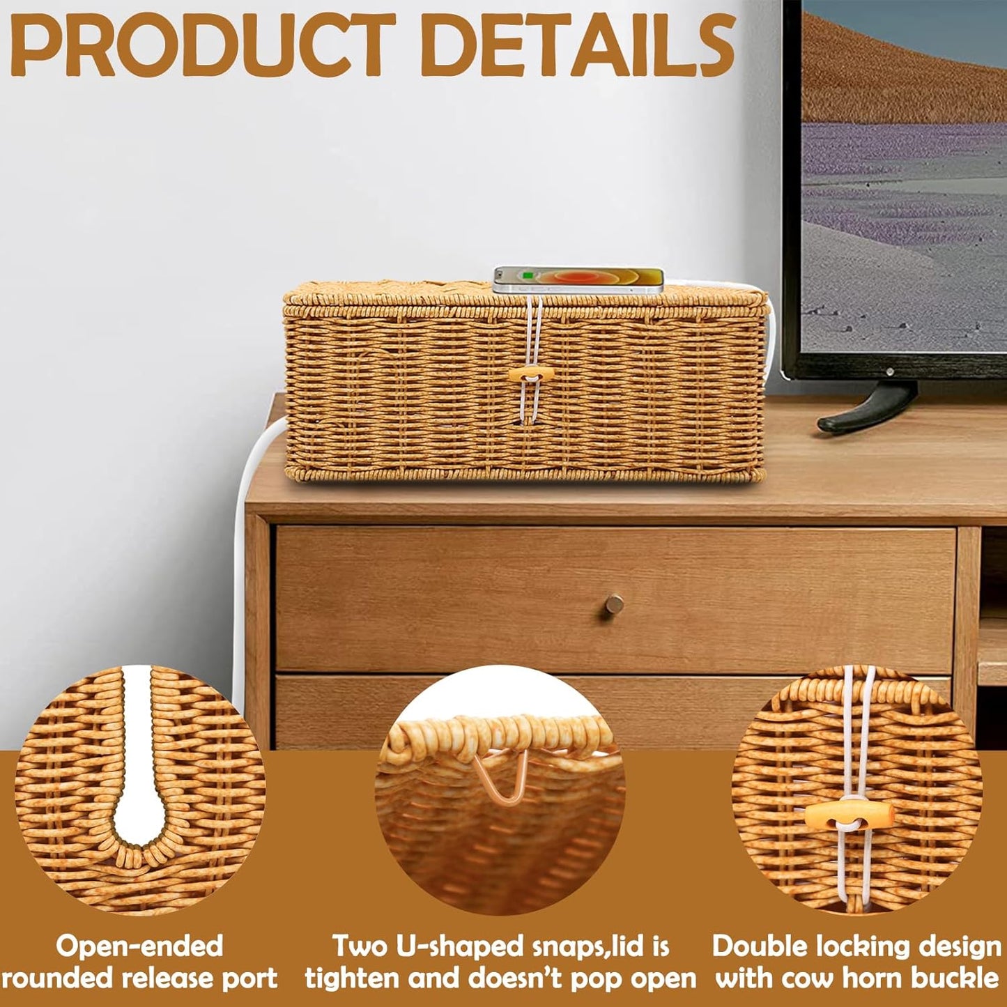 Cable Management Box, Handmade Imitation Rattan Cord Cable Organizer, Cable Raceway Open Slots Cords Hider Box for Computer Router USB Hub & Power Strip