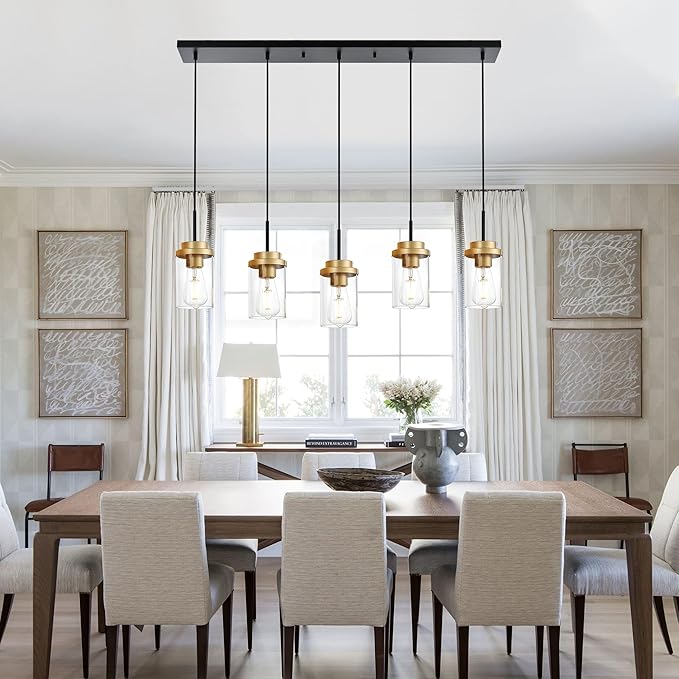 MELUCEE 5-Lights Adjustable Hanging Pendant Light Fixtures 37 Inches in Black, Modern Kitchen Island Lighting Linear Chandelier for Dining Room Over Table with Clear Glass Shade, Gold Socket