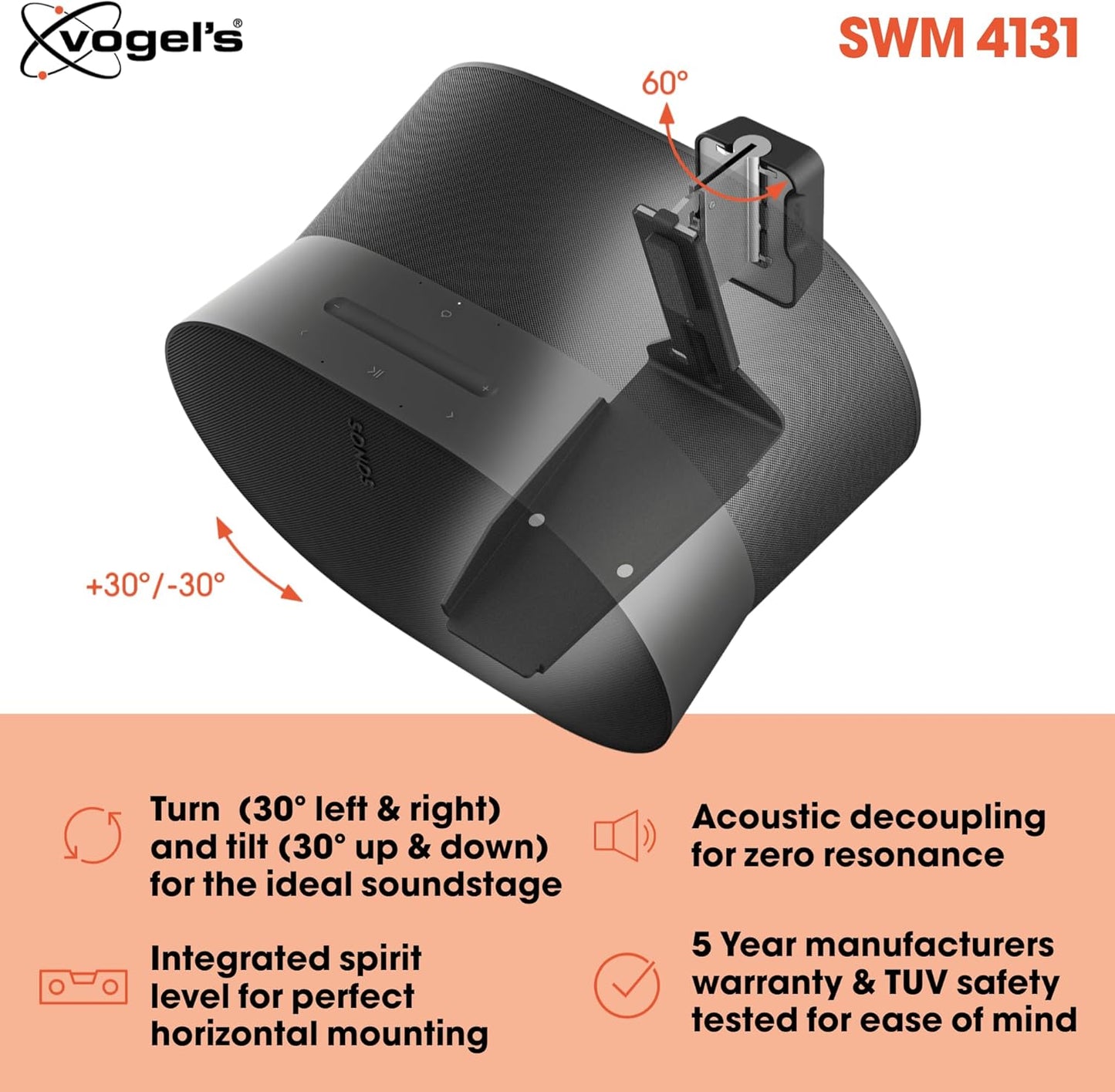 Vogel's SWM 4131 Speaker Wall Bracket for Sonos ERA 300, Max. 11 lbs (5 kg), Tiltable -30º/+30º, Swivels up to 60º (Left/Right), Black, 1 Bracket