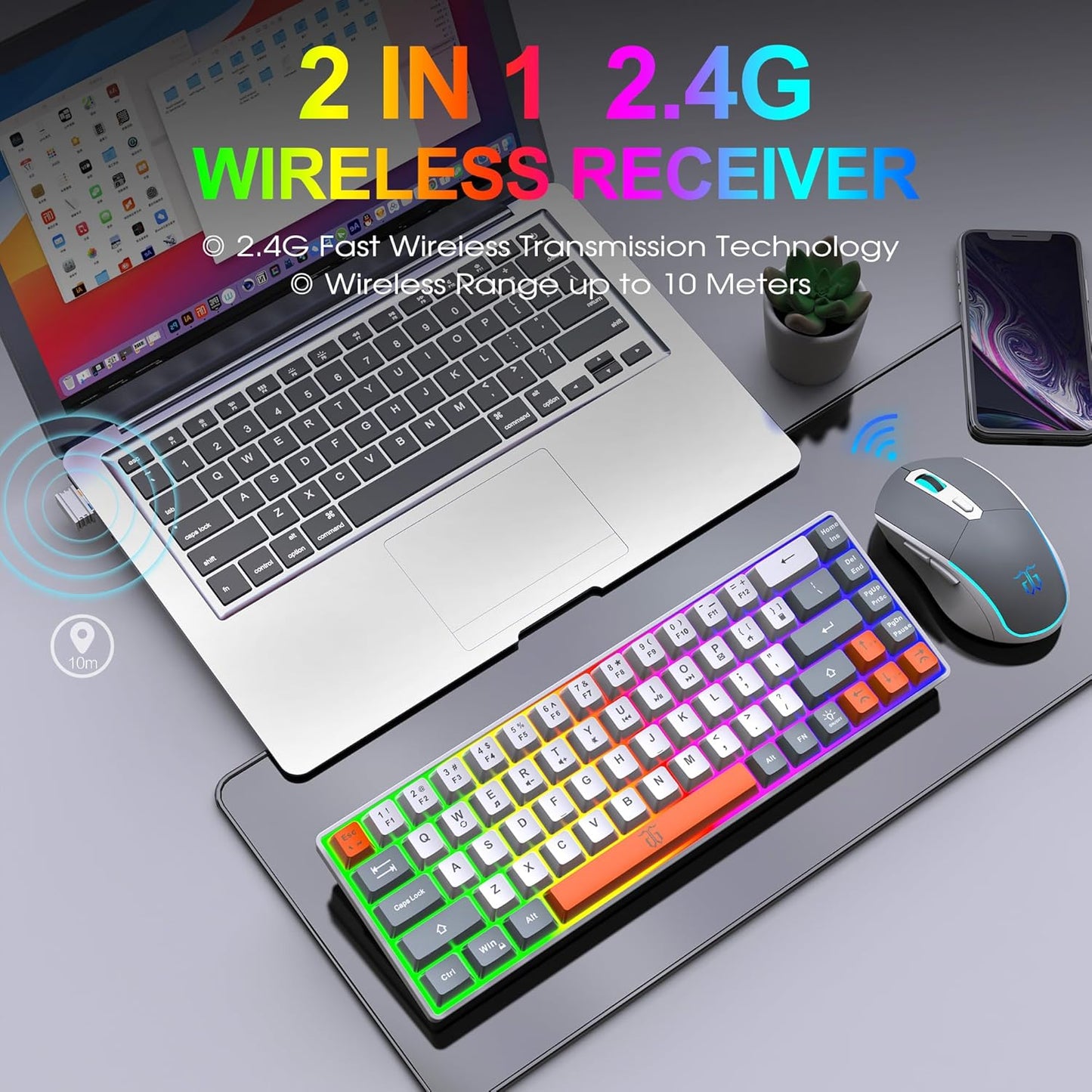 Snpurdiri 60% Wireless Gaming Keyboard and Mouse Combo,Rainbow Backlit Rechargeable 2000mAh Battery,Mini Mechanical Feel Keyboard +Popular RGB Mice for Gaming,Business Office(Gray-White-Orange)