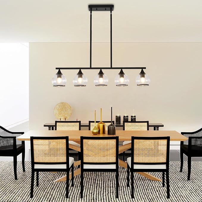 5 Light Round Linear Chandelier Black Modern Glass Hanging Light Minimalist Clear Kitchen Chandeliers Hight Adjustable for Dining Room Island Living Room (Black)