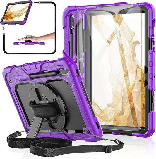 Case for Samsung Galaxy Tab S8/S7 11-inch 5G Tablet Case 2022/2020, [with 9H Tempered Glass Screen Protector], Rotating Kickstand, Hand & Shoulder Strap, S Pen Holder (Purple)