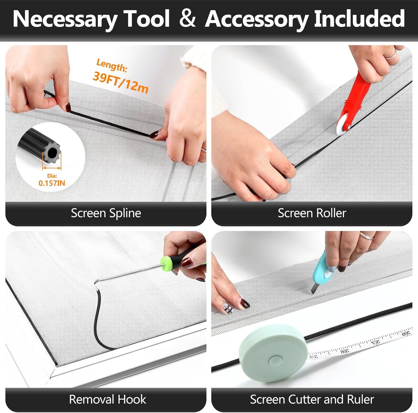 Window Screen Door Repair Kit, 48" x 177" Screen Door Mesh Replacement Kit, Durable Fiberglass Mesh Roll with Tools for Windows Doors Patio and Porch Replacement, Grey