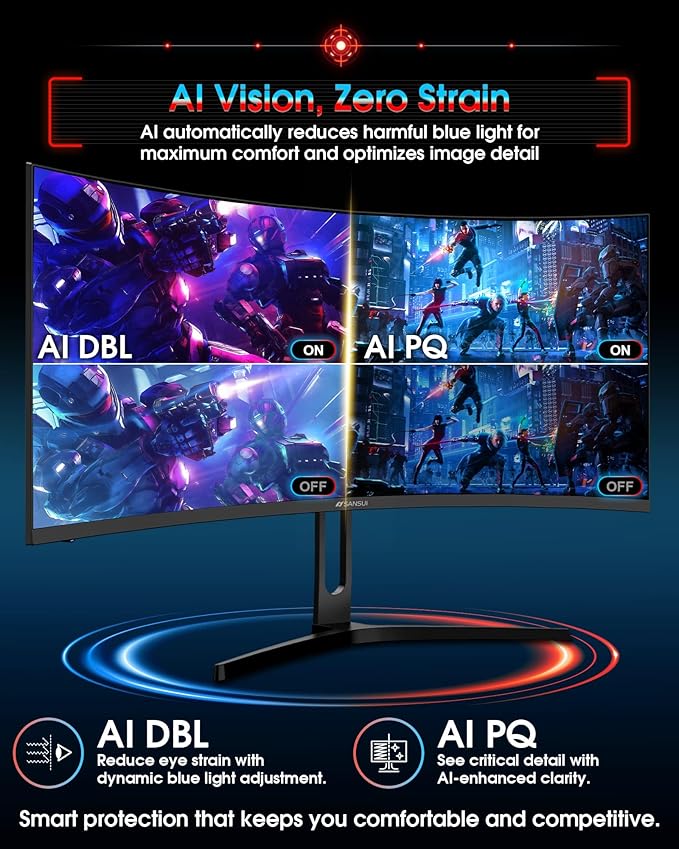 SANSUI 34 Inch UWQHD 200HZ Curved Gaming Monitor, FastVA 3440x1440P Ultrawide 1500R Curved Gaming Computer Monitor 21:9 with PIP PBP, AI Tech Enhance, 2xHDMI2.1 DP1.4Ports(HDMI2.1 Cable Incl.)