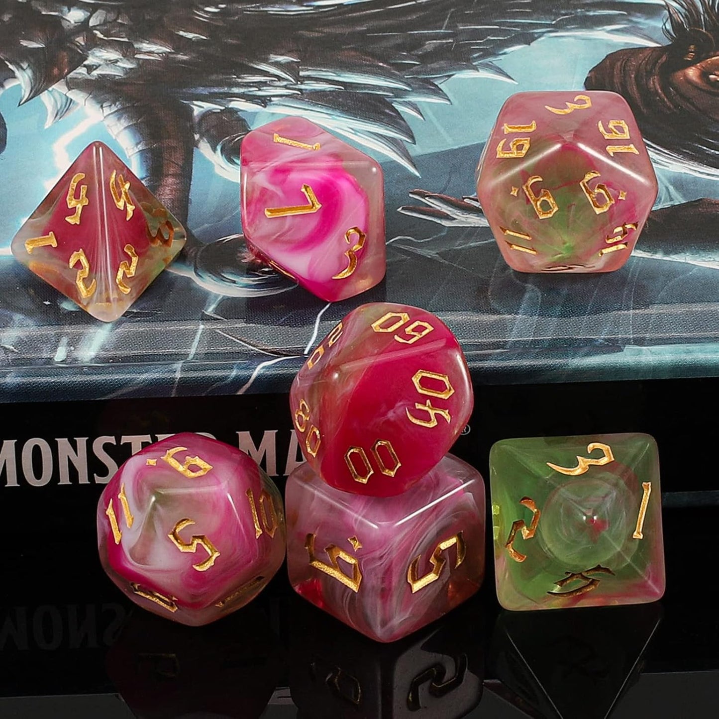 QMAY DND Dice Set -D&D Polyhedral Dice (7 Pcs) for Dungeons and Dragons (Pink Light Green)