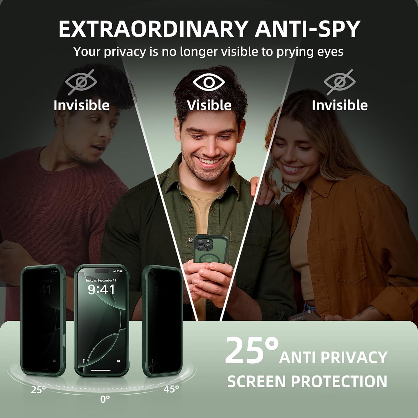 BERFY Magnetic for iPhone 16 Pro Max Case, Compatible with MagSafe, Built-in Privacy Screen Protector and Upgraded Camera Protection, Anti-Spy Full Body Shockproof Phone Case for 16 Pro Max 6.9",Green